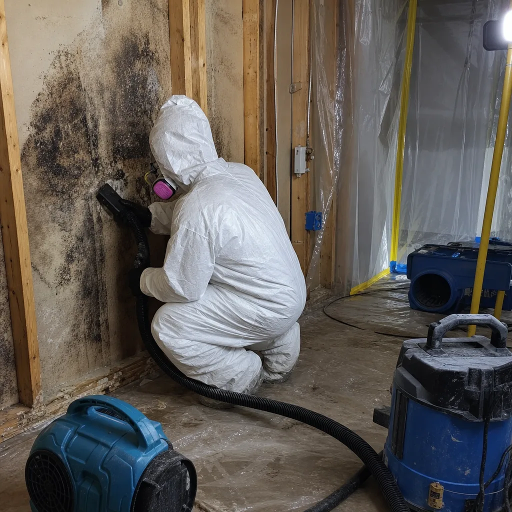 Technician in protective gear performing professional mold remediation on interior wall