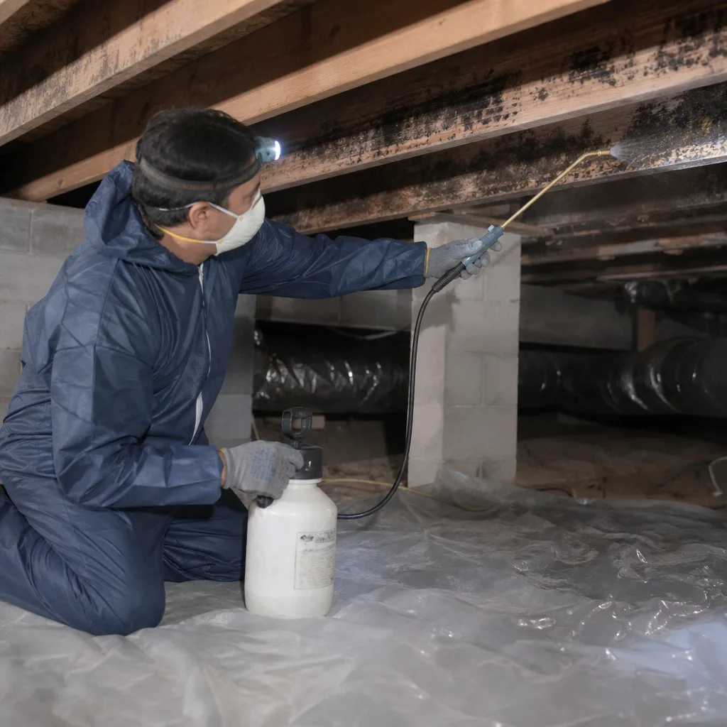 Technician in protective suit applying mold remediation treatment to crawlspace joists