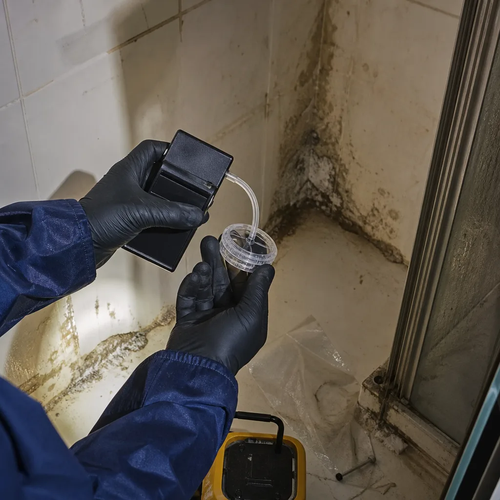 Technician performing professional mold remediation air quality testing