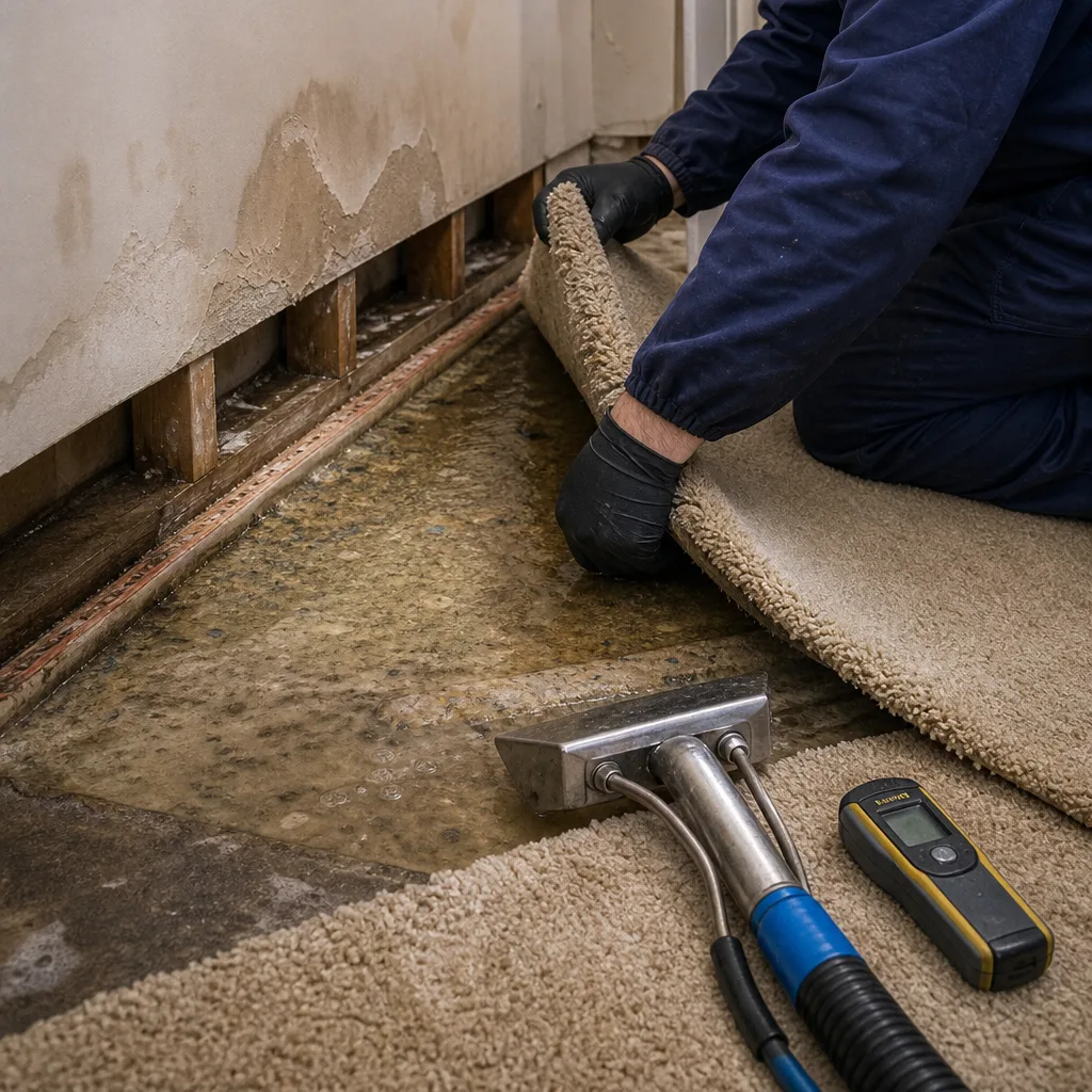 professional using water extraction equipment on flooded carpet after water damage