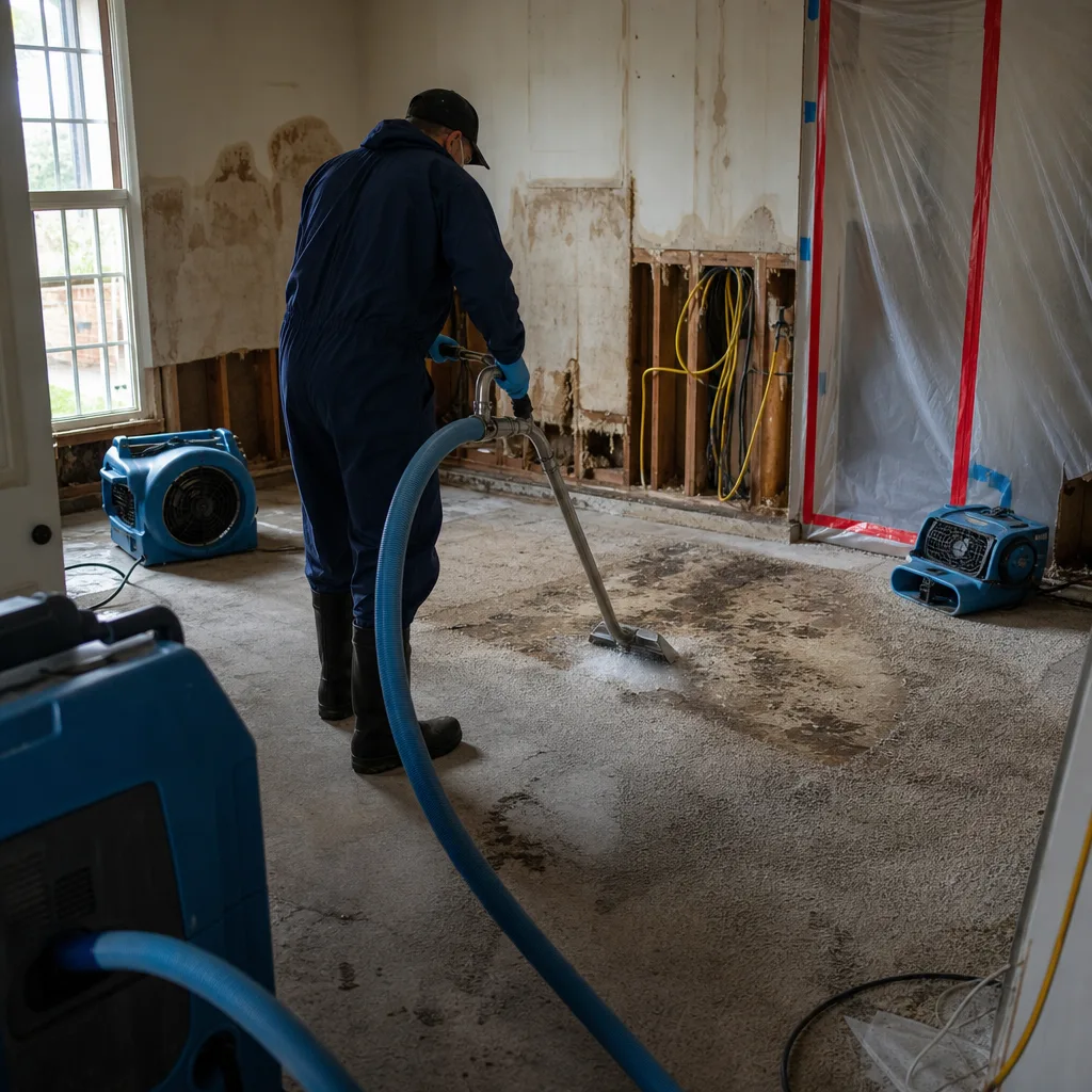 Professional technician performing water damage restoration on a concrete floor