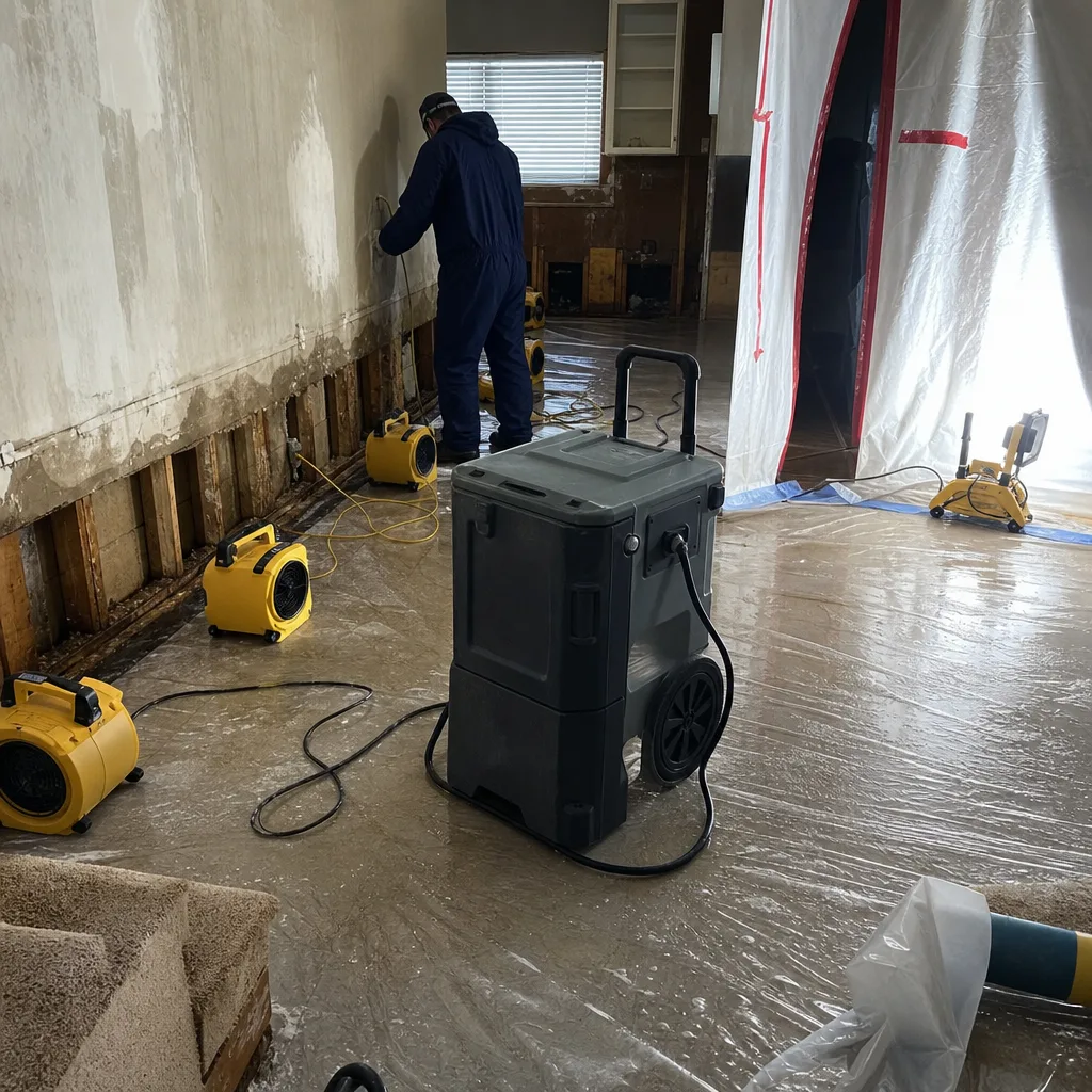 Water damage restoration technician using industrial dehumidifiers and air movers
